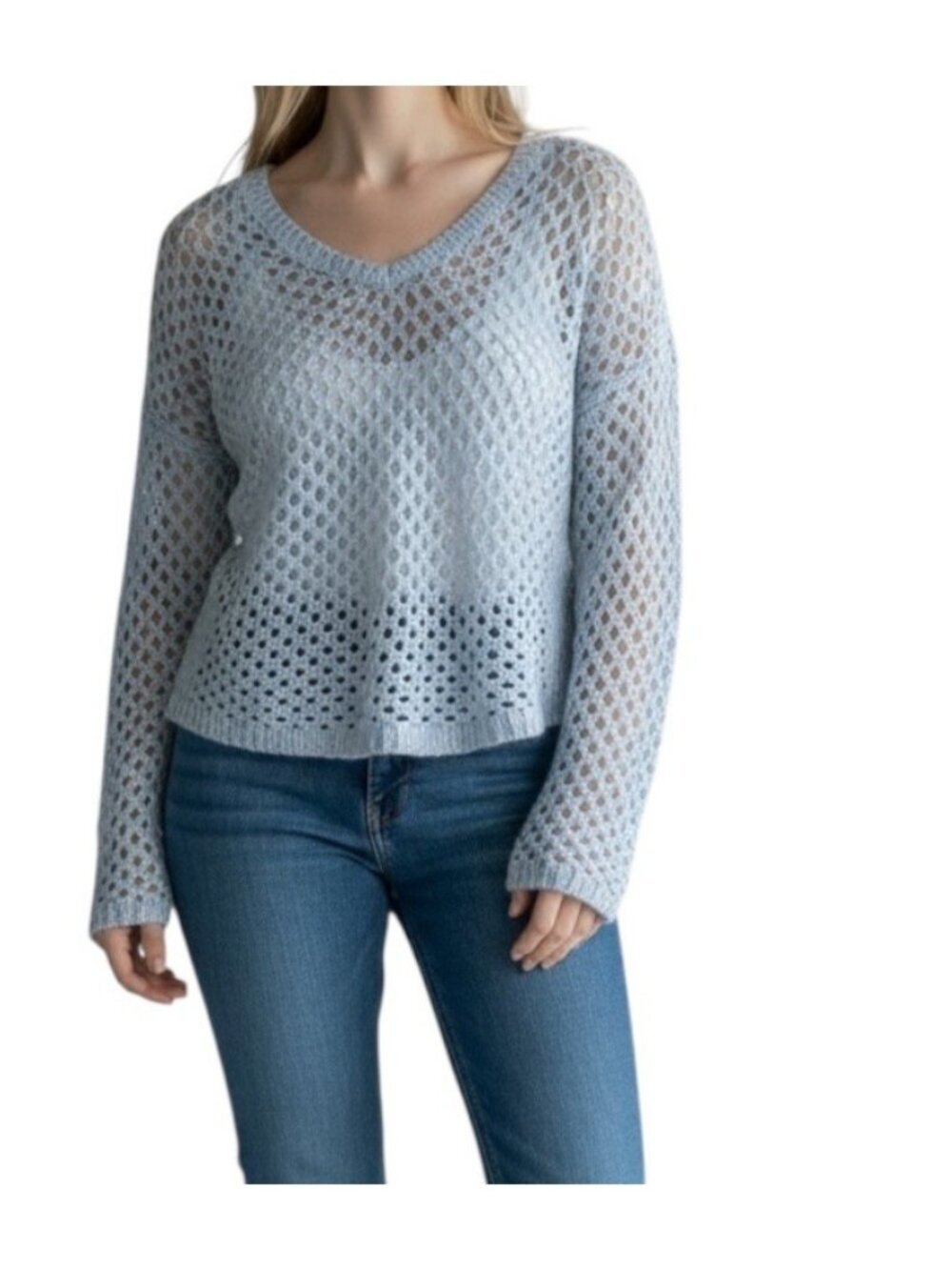 Chicos Womens Crochet Long Sleeve Sweater~Size 0 (S/4)~Baby Blue Silver L10 39
